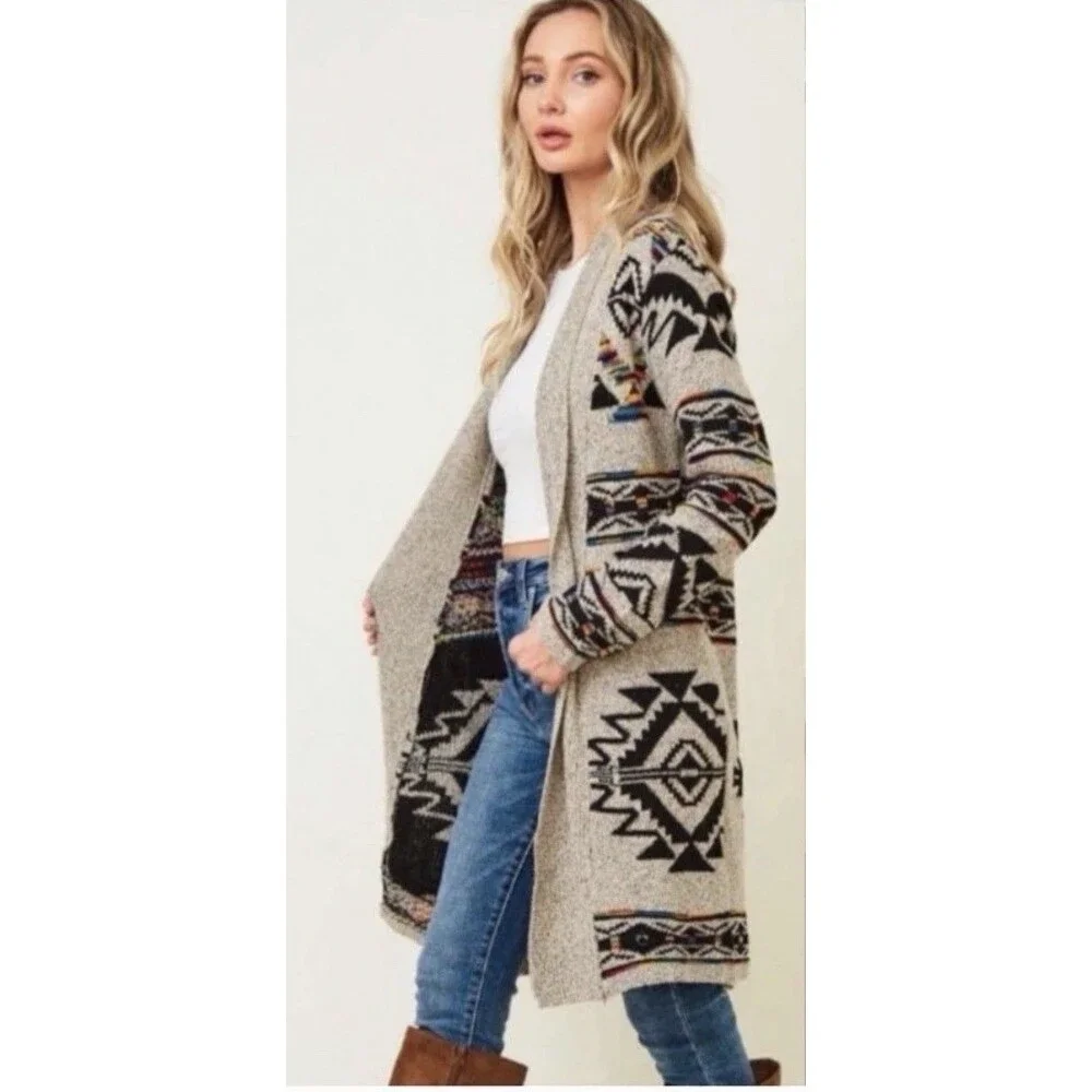 Northern Angel Cardigan Womens Medium Oatmeal Southwestern Aztec Duster EUC XL
